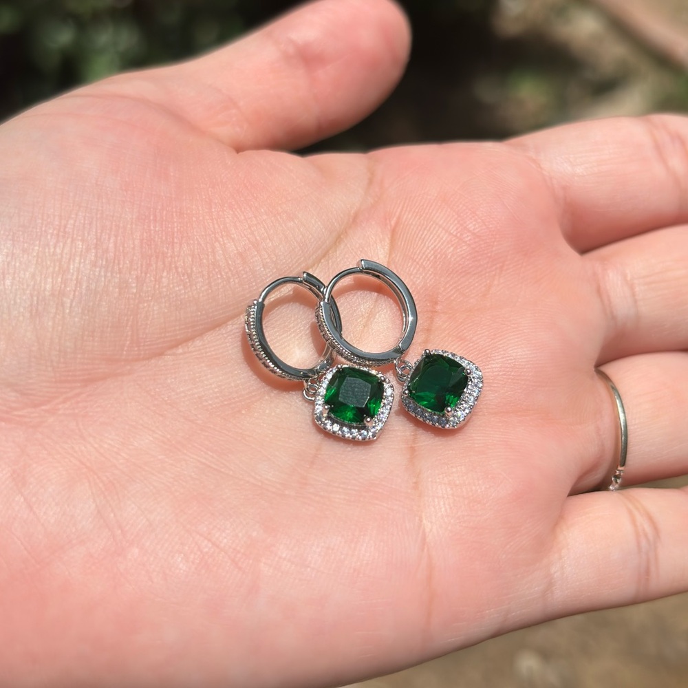 18K White Gold Plated Stainless Steel Emerald Green Diamond Dangling Earrings - Picture 7 of 7